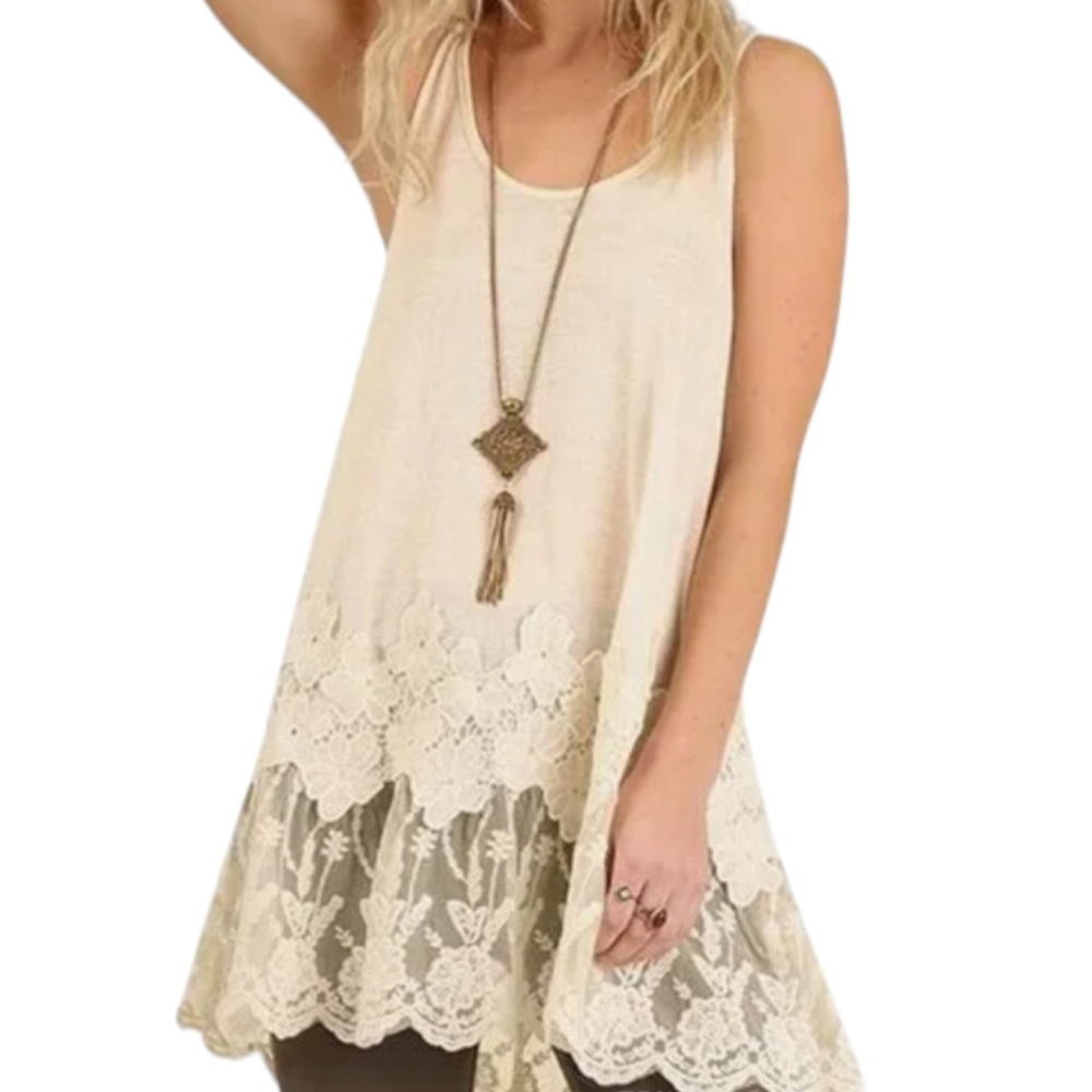 Lace Hem Sleeveless Tank Top - Cream